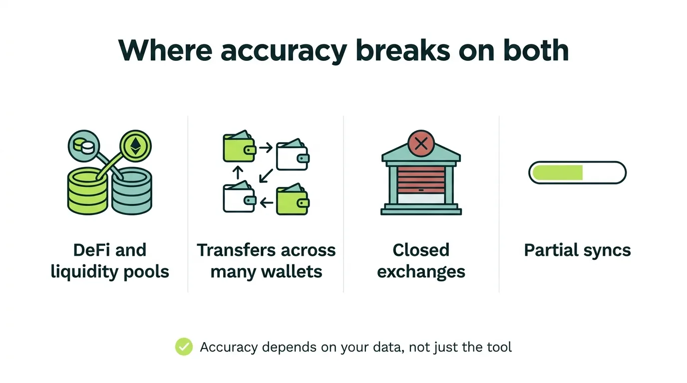 Diagram showing where accuracy breaks on both Koinly and CoinTracker: DeFi and liquidity pools, transfers across many wallets, closed exchanges, and partial syncs, with the reminder that accuracy depends on your data not just the tool