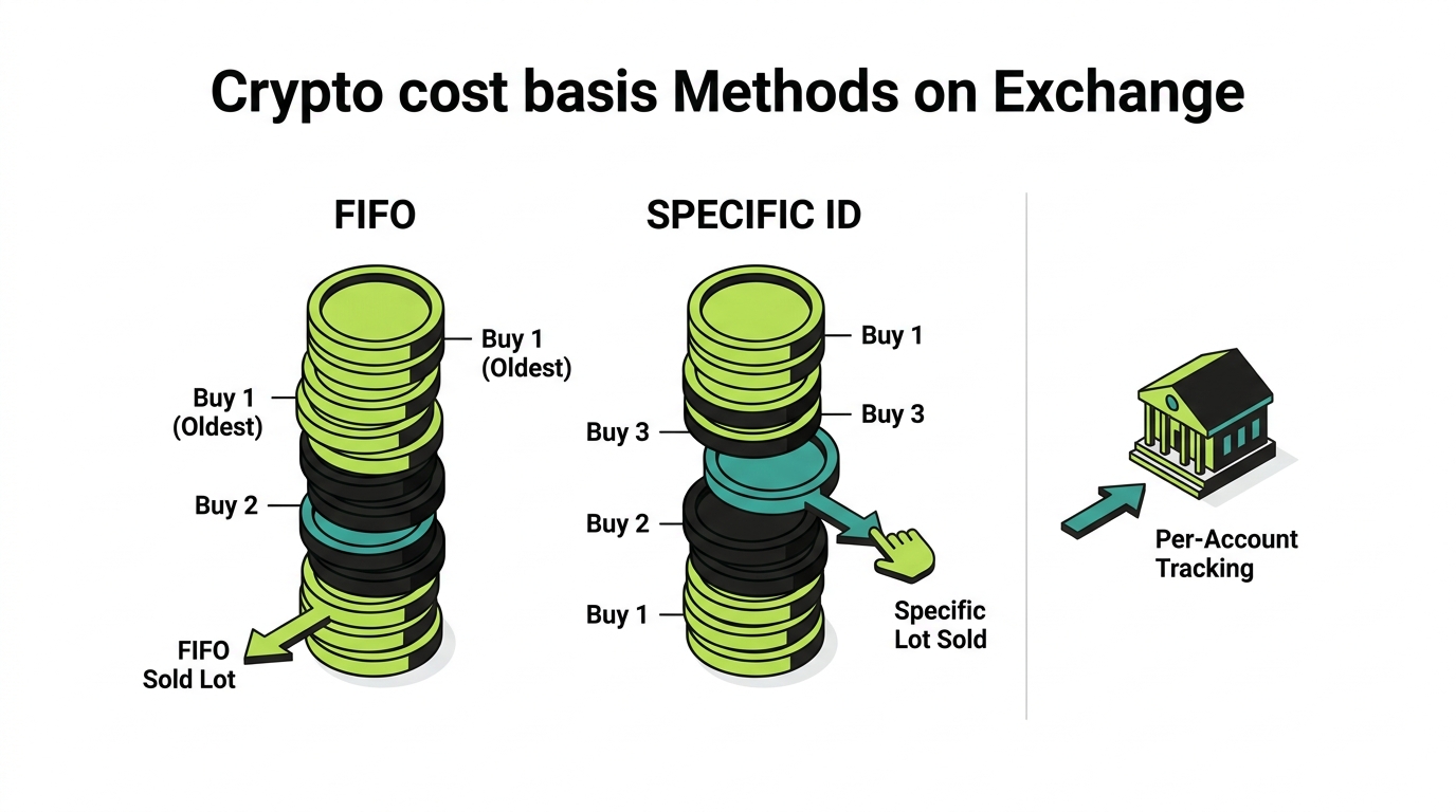 Comparison of FIFO and Specific Identification cost basis methods with a note on per-account tracking and exchange transfers