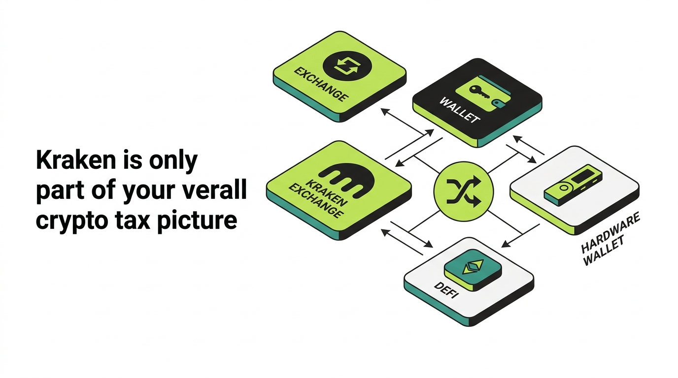 Kraken is only part of your crypto tax picture: Kraken connects to other exchanges, wallets, hardware wallets, and DeFi through a central reconciliation hub that ties them into one complete picture
