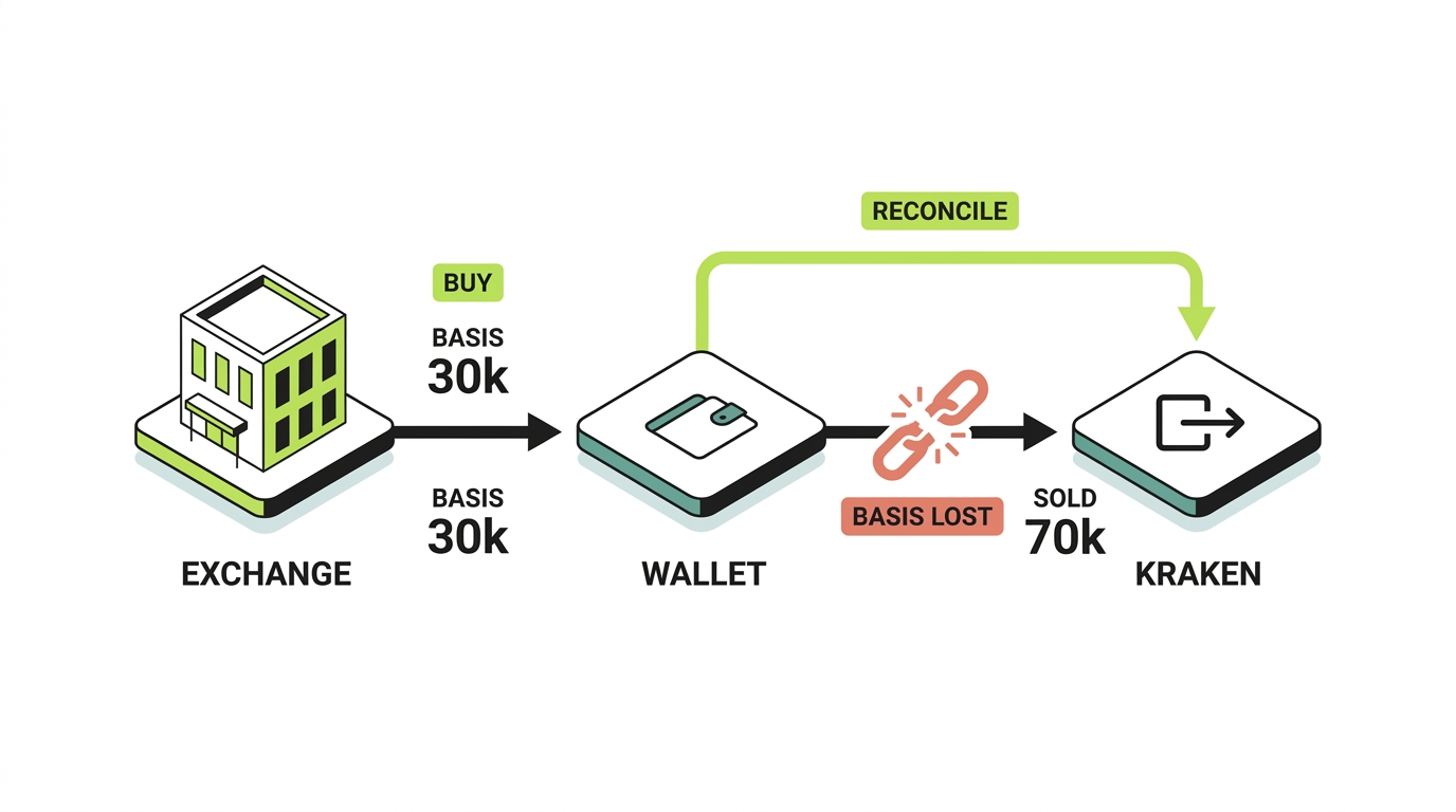 A multi-hop crypto journey from one exchange through a wallet into Kraken, showing where cost basis is lost and must be reconnected