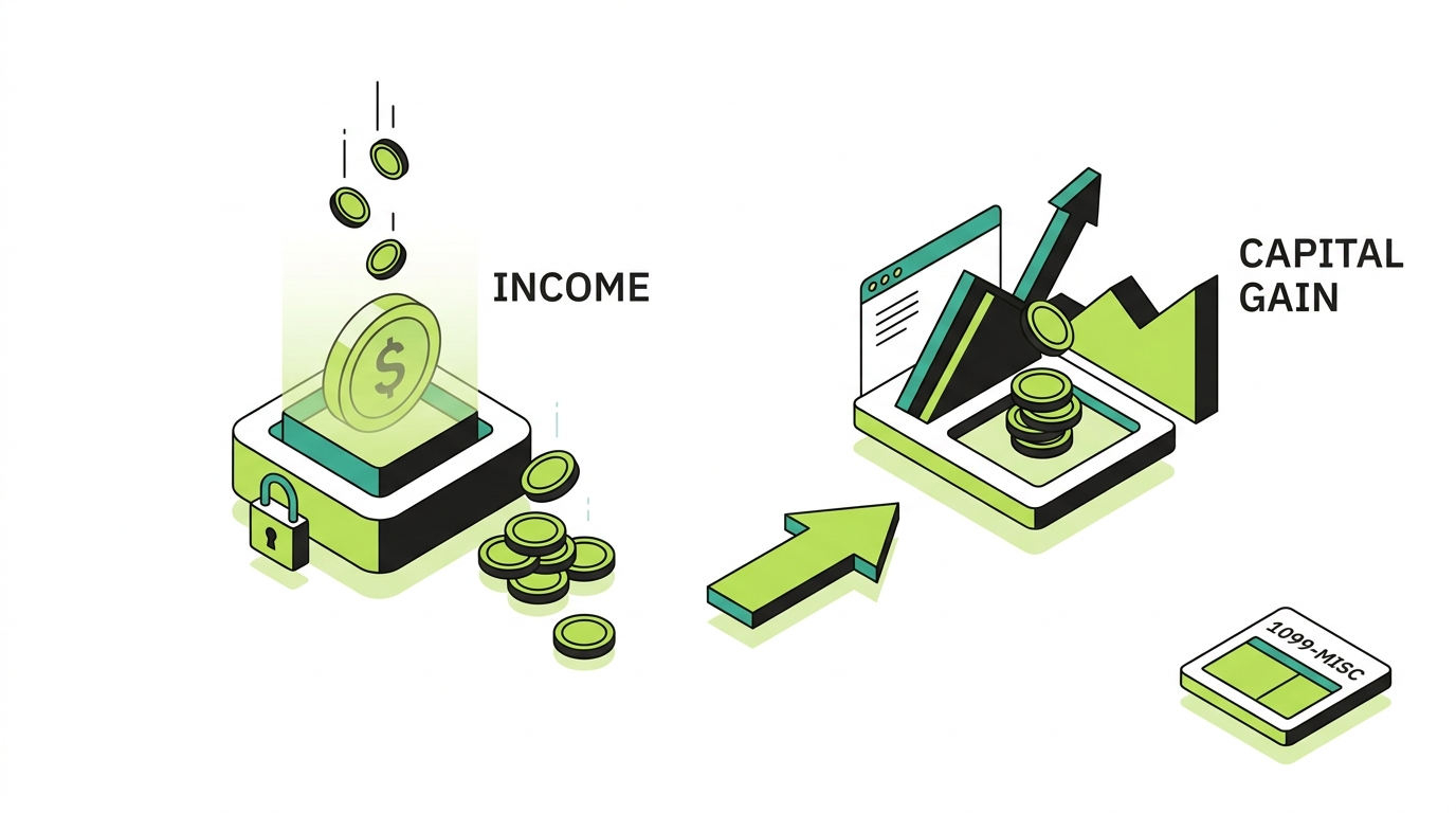 How Kraken staking is taxed: rewards are ordinary income when received, then a capital gain or loss when the reward assets are later sold
