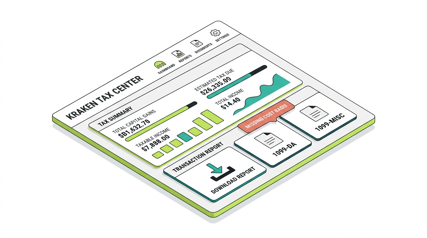 Kraken Tax Center dashboard showing a tax summary, transaction report download, downloadable 1099-DA and 1099-MISC forms, and a missing cost basis alert