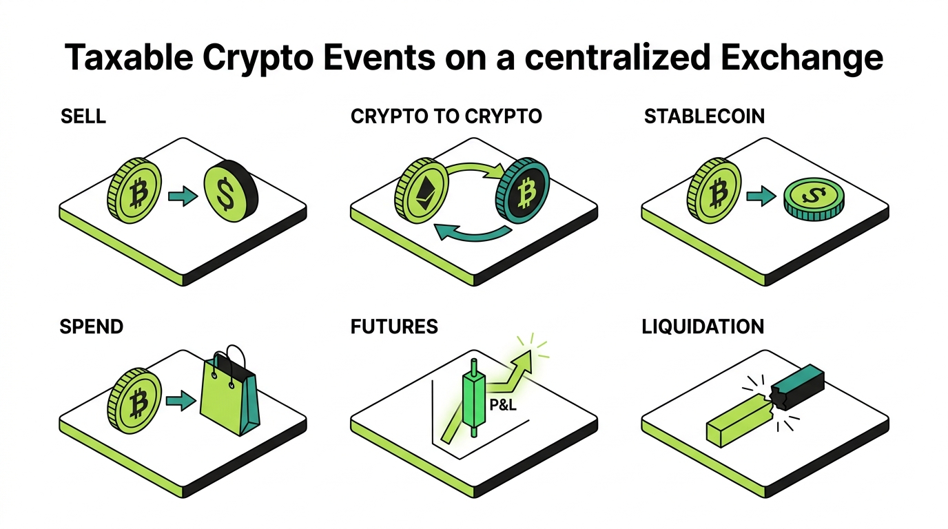 Grid of taxable Kraken events: selling crypto, crypto-to-crypto trades, stablecoin conversions, spending, futures settlement, and margin liquidations