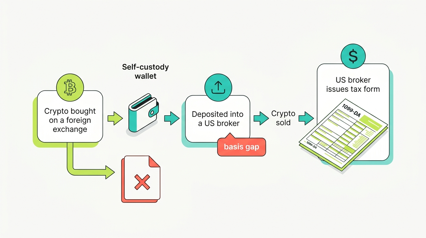 Flow diagram: crypto bought on KuCoin moves to a self-custody wallet, then to a US broker that issues a 1099-DA, while KuCoin issues nothing and the basis gap appears