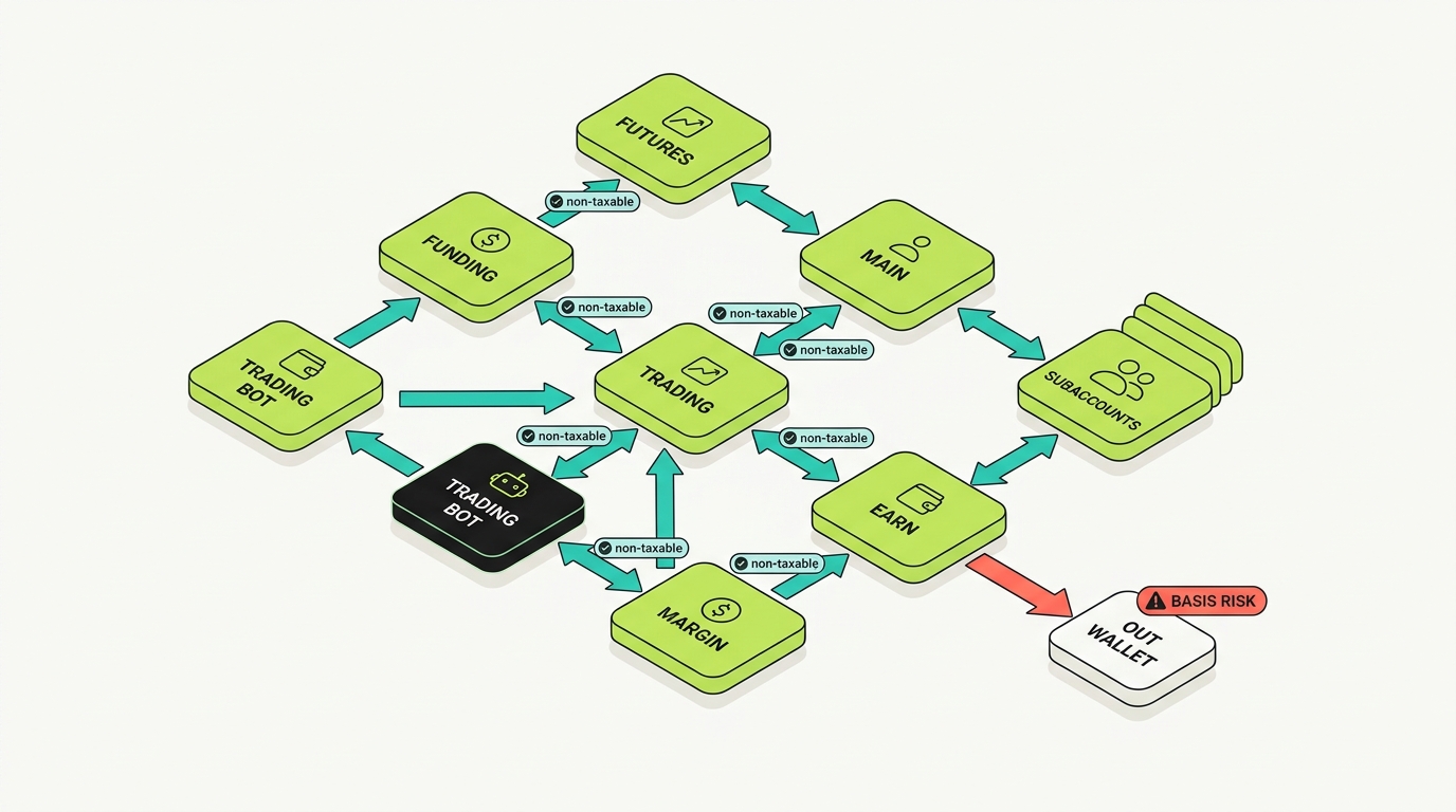 KuCoin internal accounts shown as connected nodes: main, trading, funding, margin, futures, Earn, trading bot, and subaccounts, with internal transfer arrows