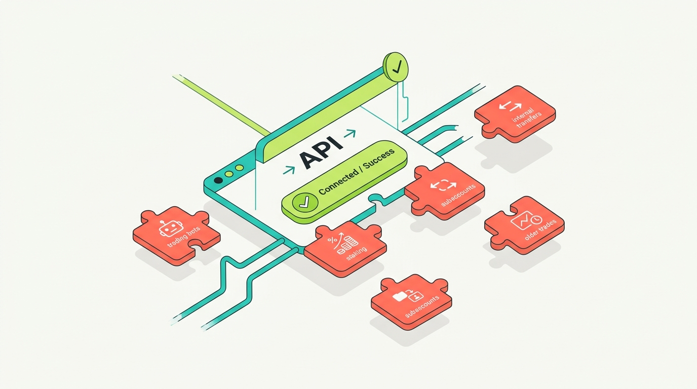 An API connection showing a green success check while puzzle pieces labeled bots, staking, subaccounts, and internal transfers float away as missing