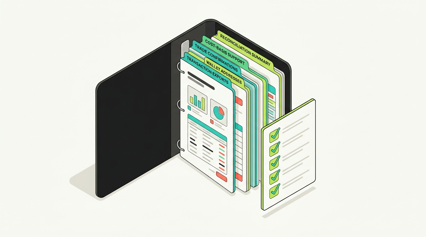 An audit-ready binder of KuCoin records: exports, wallet addresses, trade confirmations, cost-basis support, and a reconciliation summary with lime checkmarks