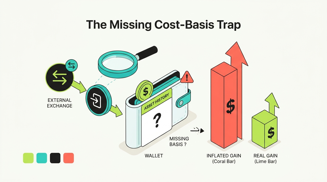 The missing cost basis trap: an asset transferred into KuCoin with no purchase history, so a later sale looks like all gain instead of the real smaller gain