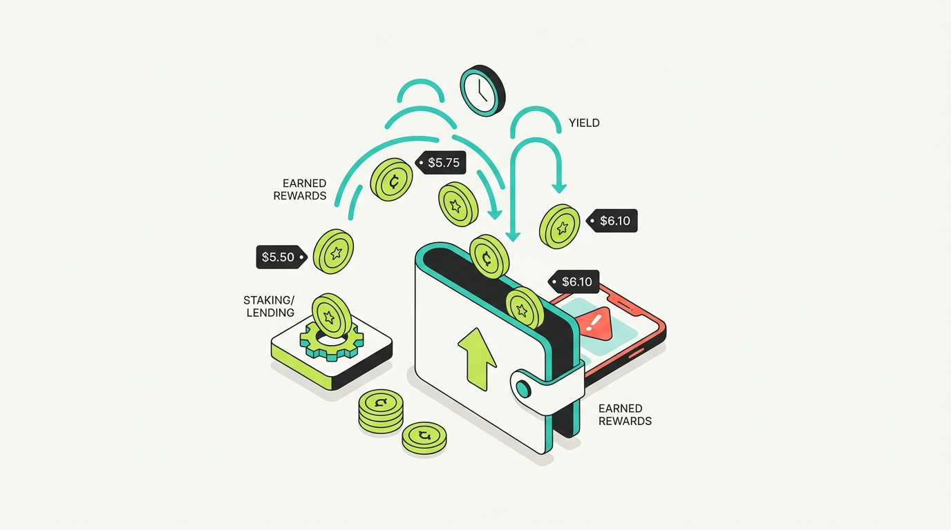 Staking and Earn rewards dropping as coins into a wallet at fair market value when received, with a clock and a value tag