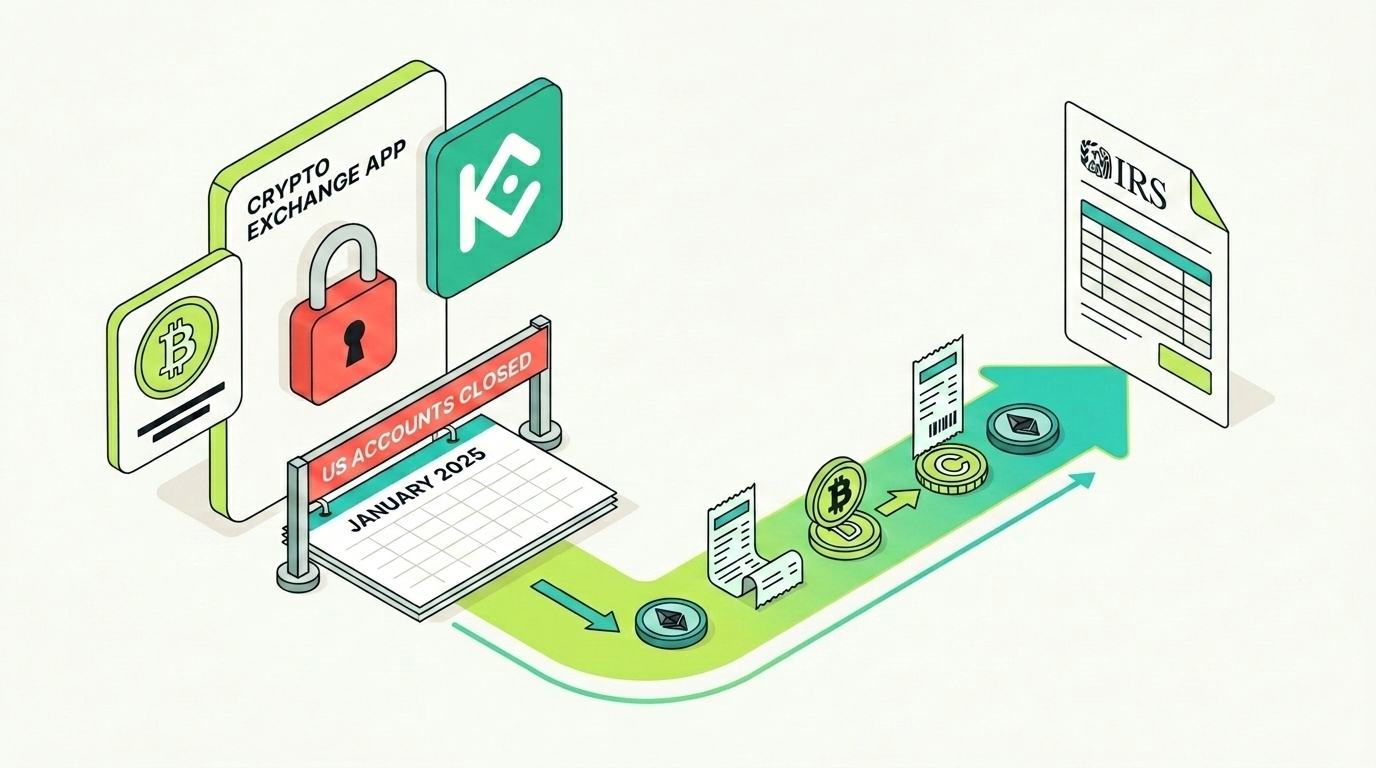 Count On Sheep | KuCoin Tax Guide 2026 hero illustration showing KuCoin closed to US users while the historical tax trail stays open to the IRS