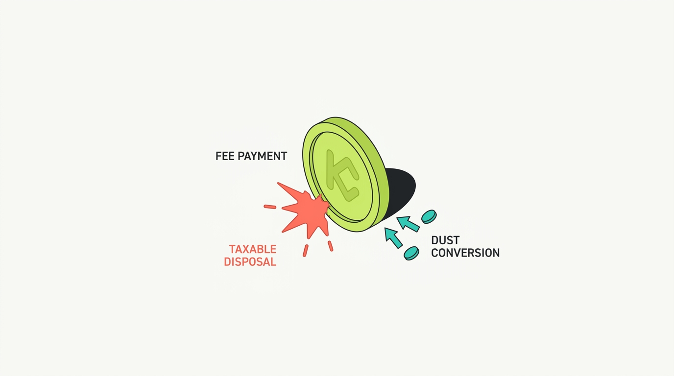KCS token paying a trading fee with a small disposal spark, illustrating that paying fees with appreciated KCS is itself taxable, plus dust conversion arrows