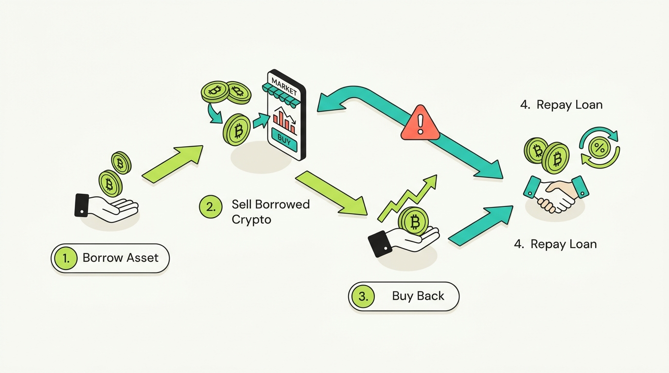 Margin trading flow: borrow asset, sell borrowed crypto, buy back, repay loan, with interest and a liquidation risk icon