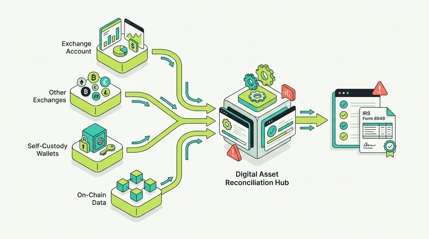 A Digital Asset Reconciliation hub where KuCoin accounts, other exchanges, self-custody wallets, and on-chain activity flow into one reconciled Form 8949