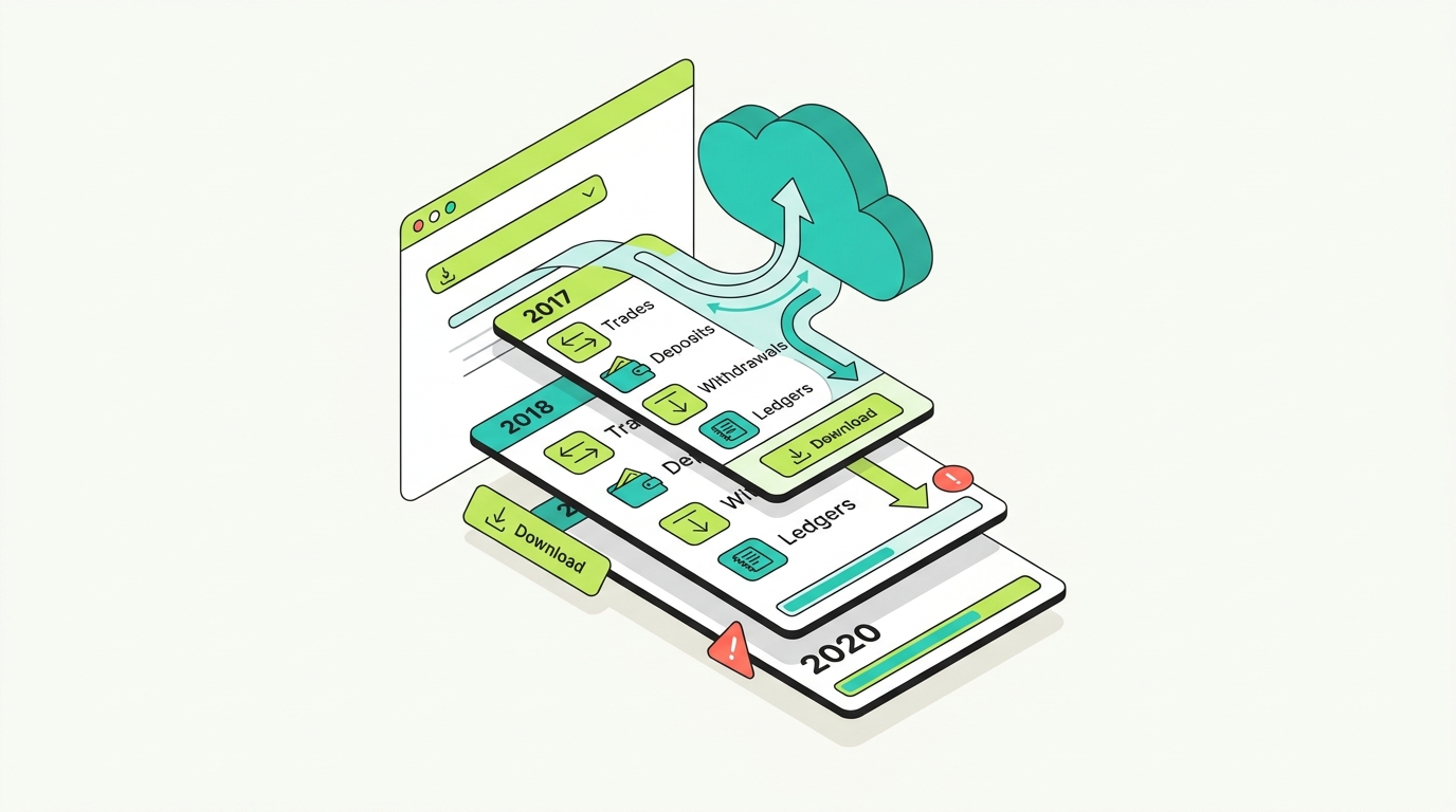 A KuCoin Data and Report Service export panel pulling historical reports year by year from 2017 onward