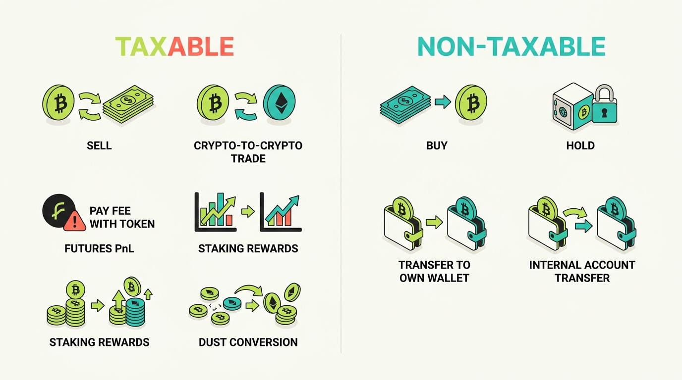 Taxable versus non-taxable KuCoin events in two columns: taxable includes selling, crypto-to-crypto trades, KCS fee payments, futures PnL, and rewards; non-taxable includes buying, holding, and internal transfers