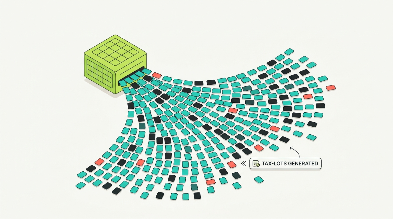 A grid trading bot fanning out into hundreds of small tax-lot tiles, showing that one bot strategy creates many taxable lots