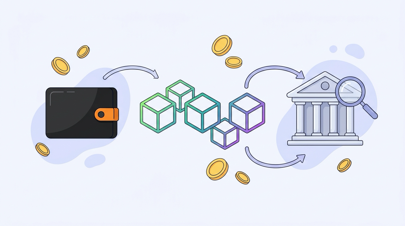 Illustration of a Ledger hardware wallet connected through a public blockchain to exchanges and tax authorities