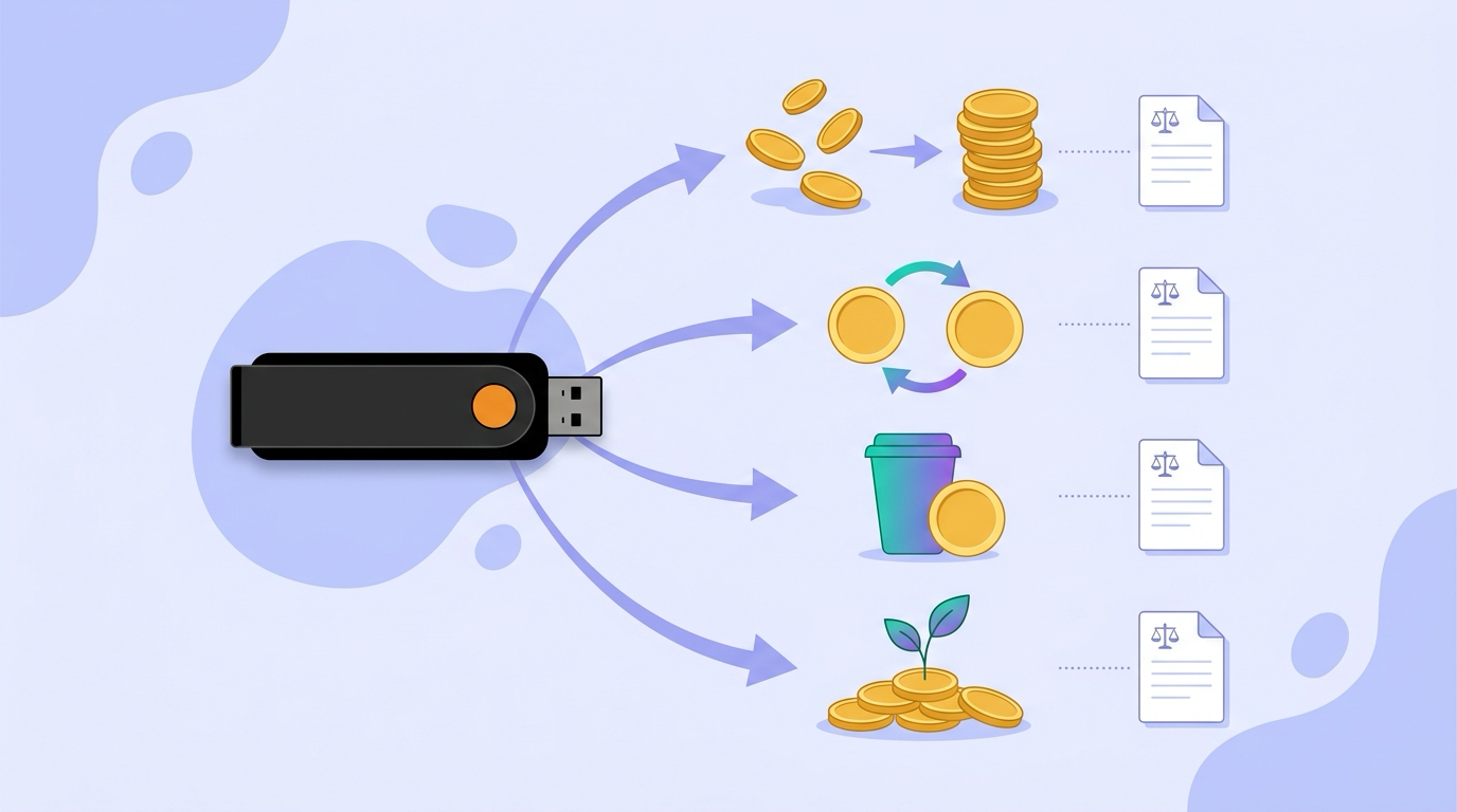 Flat illustration mapping Ledger Live sell, swap, spend, and staking actions to tax outcomes