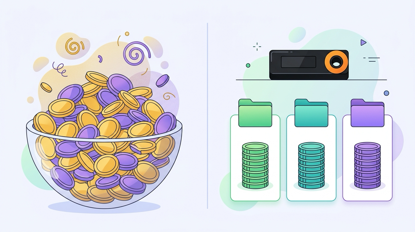 Comparison of one pooled cost basis versus separate per-account cost basis tracking on a hardware wallet
