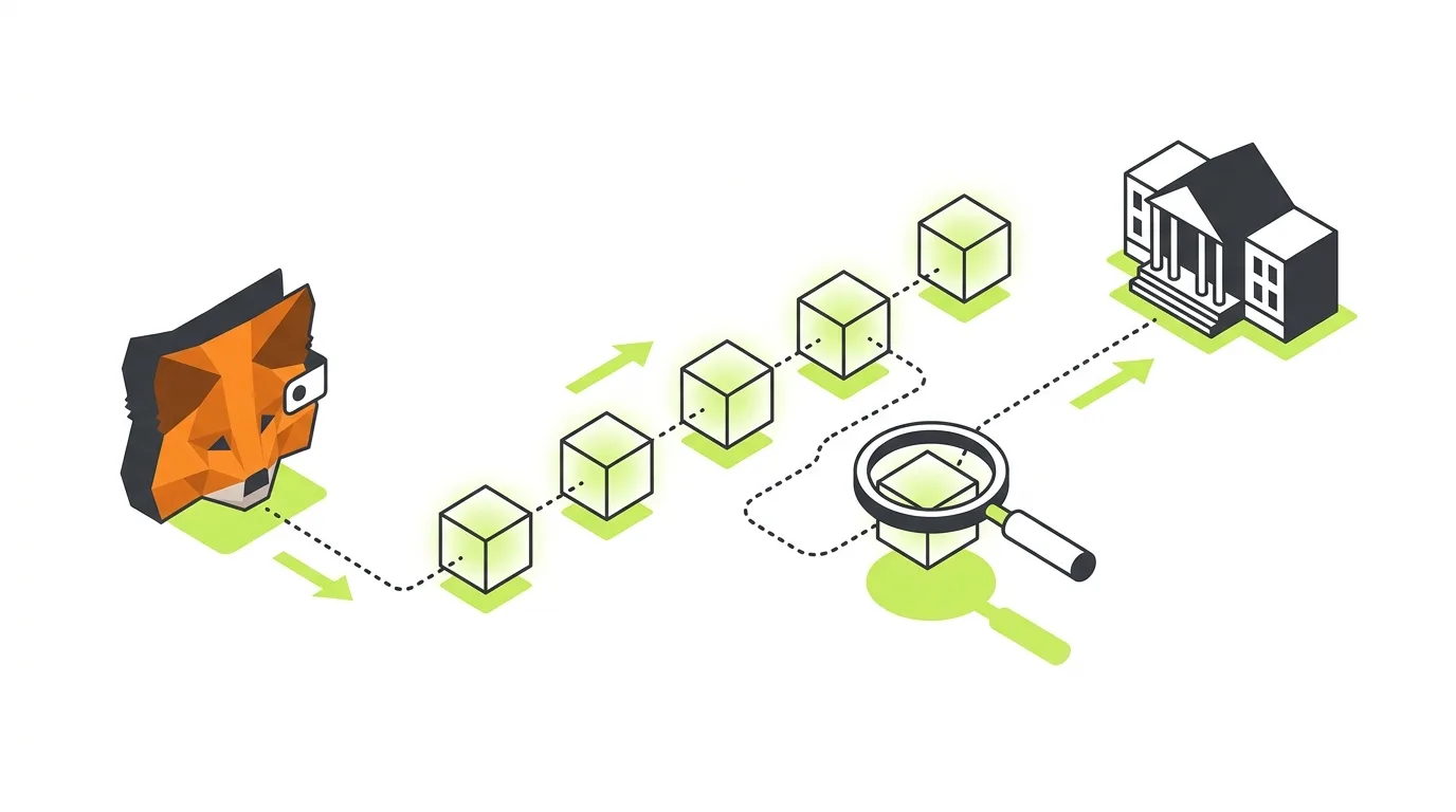 Flowchart showing how MetaMask wallet activity is traced from a public blockchain to the IRS