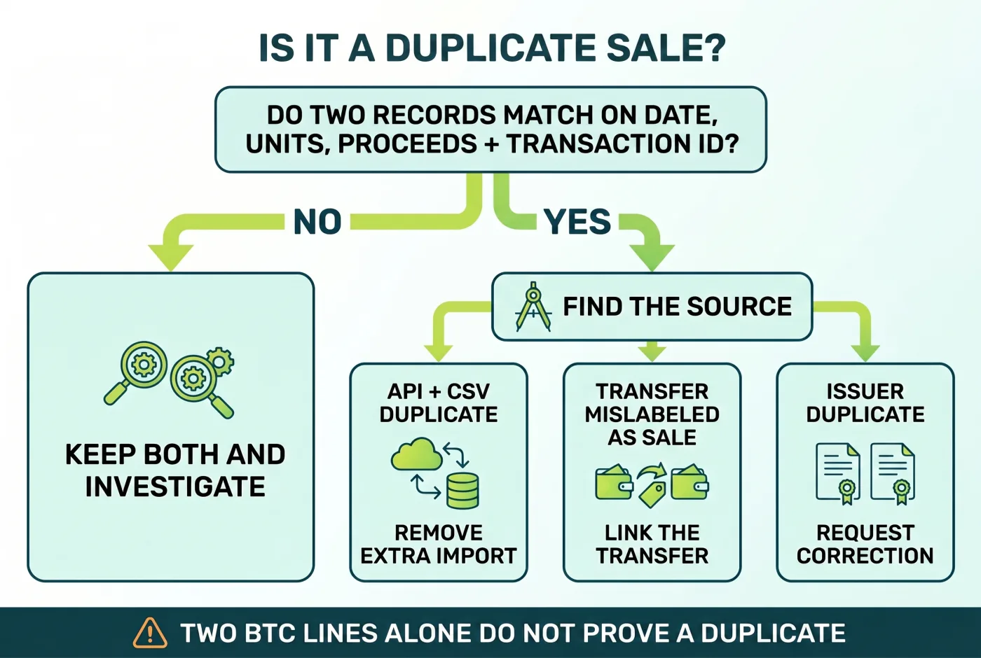 Decision flow for identifying and correcting a duplicate crypto sale record