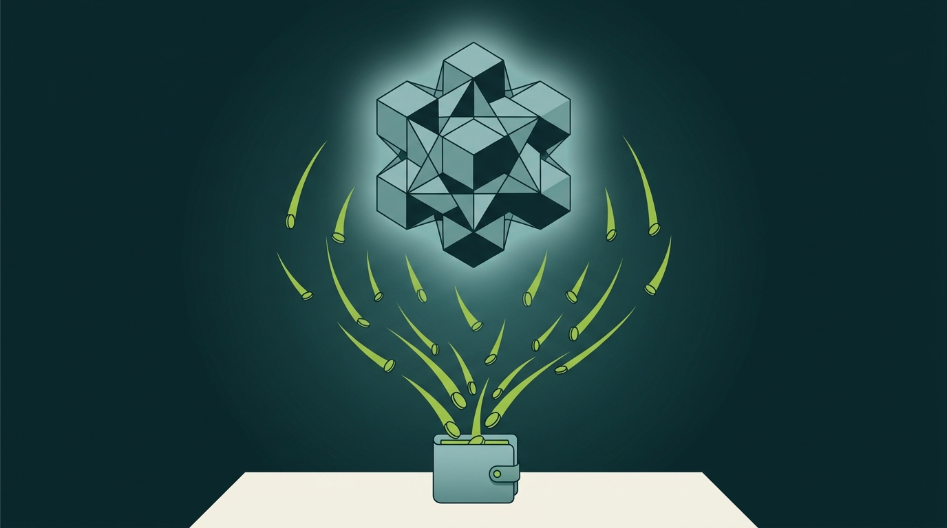 Conceptual illustration of yield rewards raining down from a DeFi protocol cluster