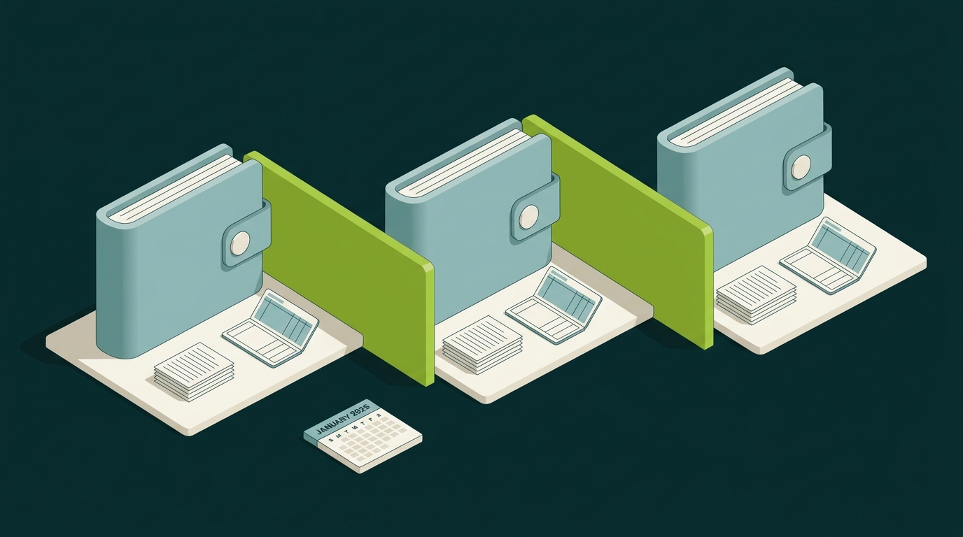 Three isometric wallets each with their own ledger separated by lime barriers