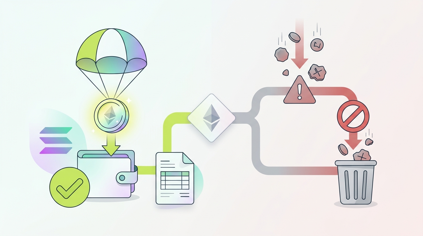 Decision flow for handling Phantom airdrops: real airdrop with value versus unsolicited spam tokens