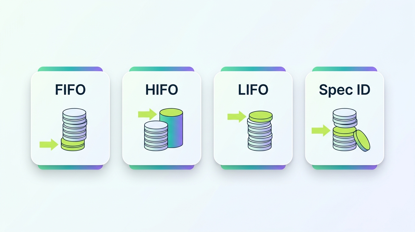 Comparison of FIFO, HIFO, LIFO, and Specific Identification cost basis methods for crypto