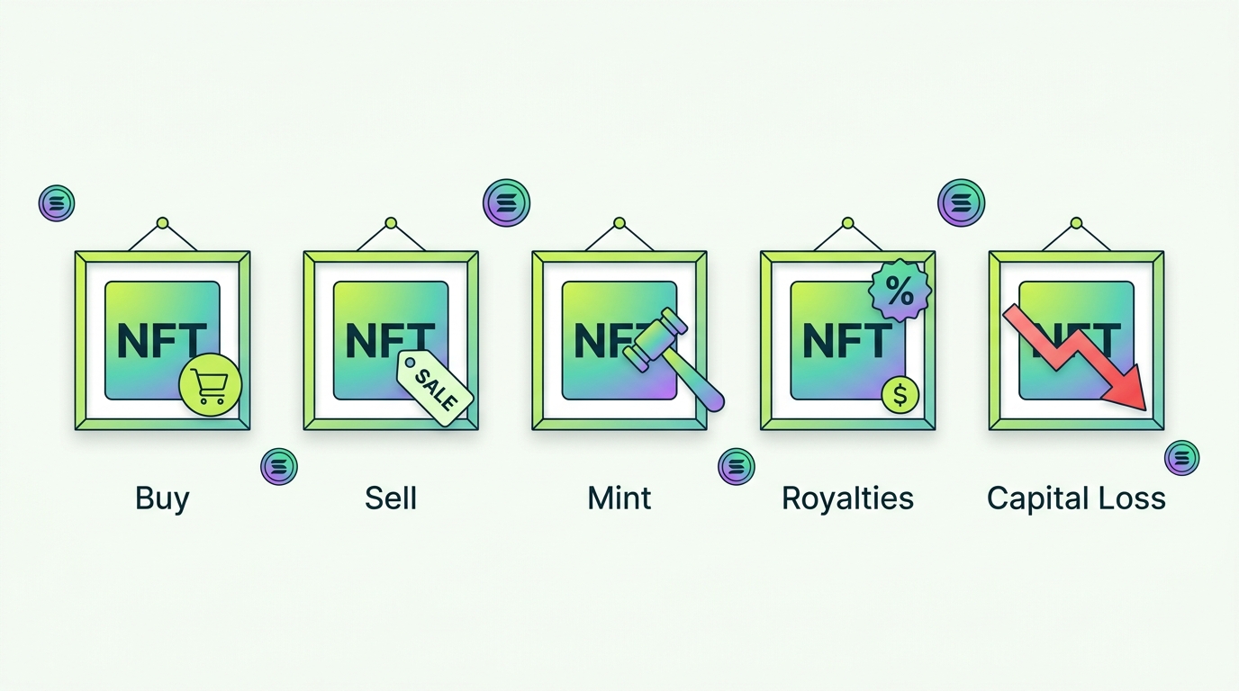 Chart of how Phantom NFT actions are taxed: buying, selling, minting, royalties, and losses