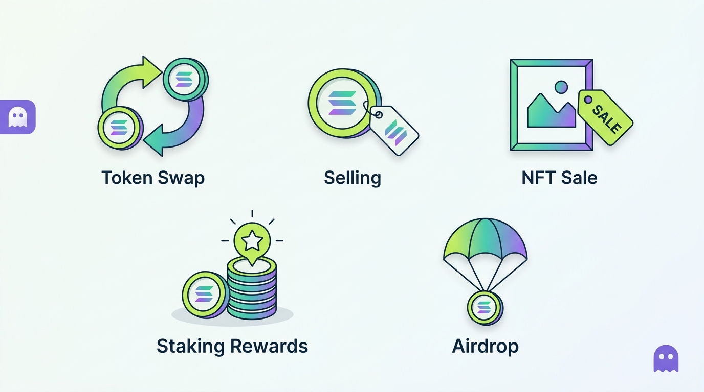 Visual list of taxable Phantom transactions including swaps, NFT sales, staking rewards, and airdrops