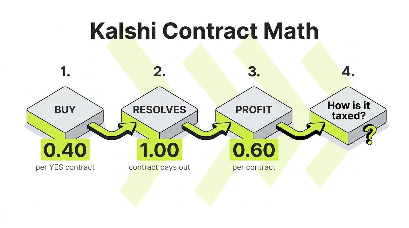 Worked example of a Kalshi trade: 500 contracts bought at 40 cents cost $200, resolve at $1.00 for a $500 payout, leaving a $300 taxable profit