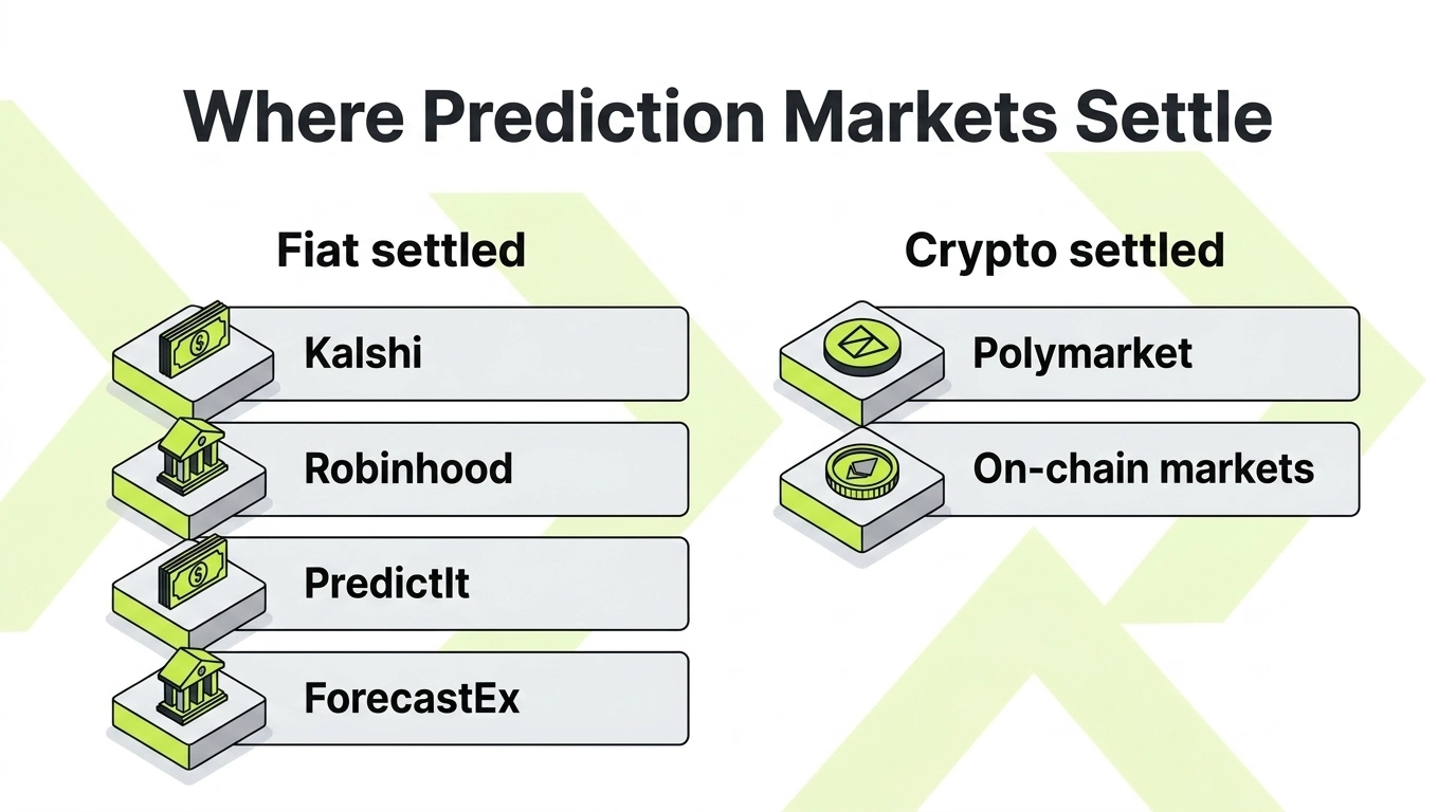 Prediction market platforms grouped by settlement type: Kalshi, Robinhood, PredictIt, ForecastEx, and Crypto.com settle in dollars, while Polymarket and on-chain markets settle in crypto and add a disposal layer