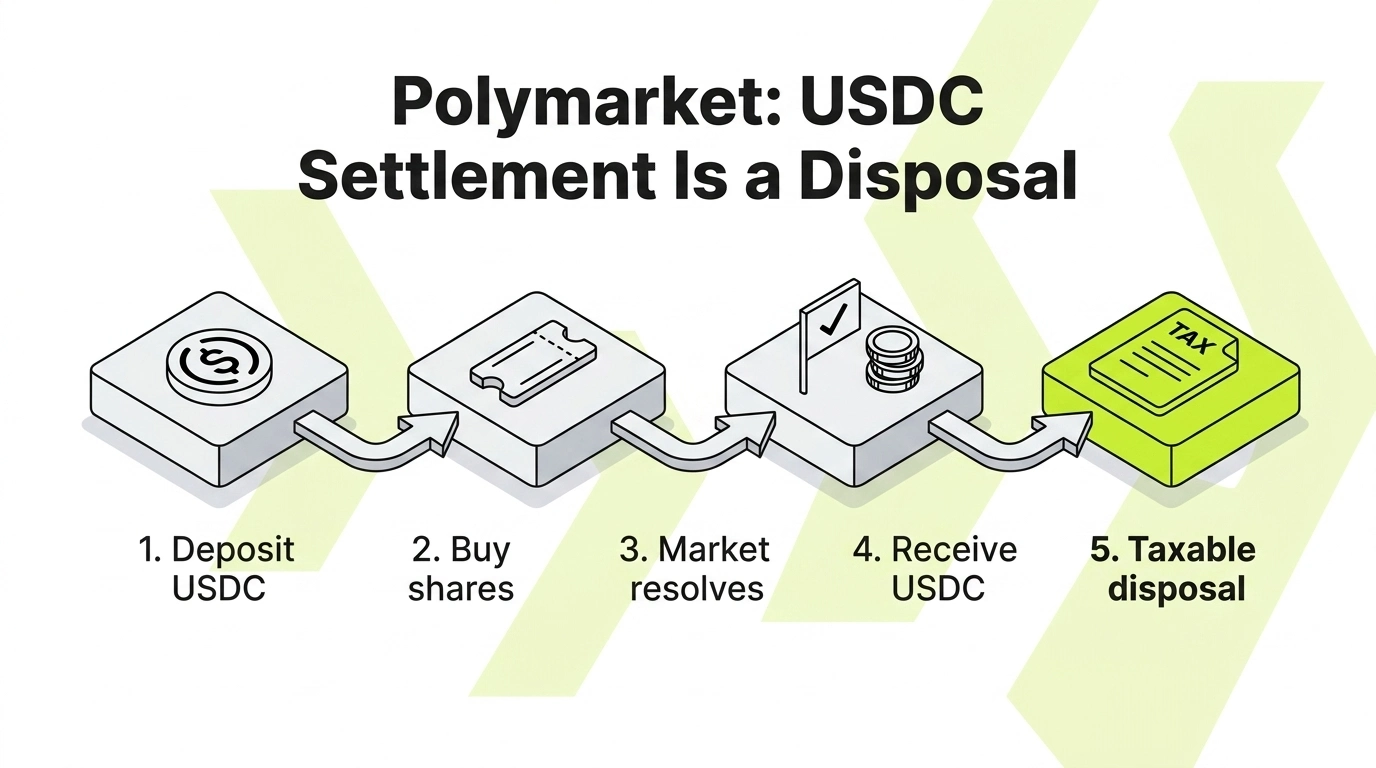 Polymarket USDC round trip showing the chain of crypto disposals: buying USDC, converting to pUSD, buying outcome shares, redeeming after resolution, and cashing out