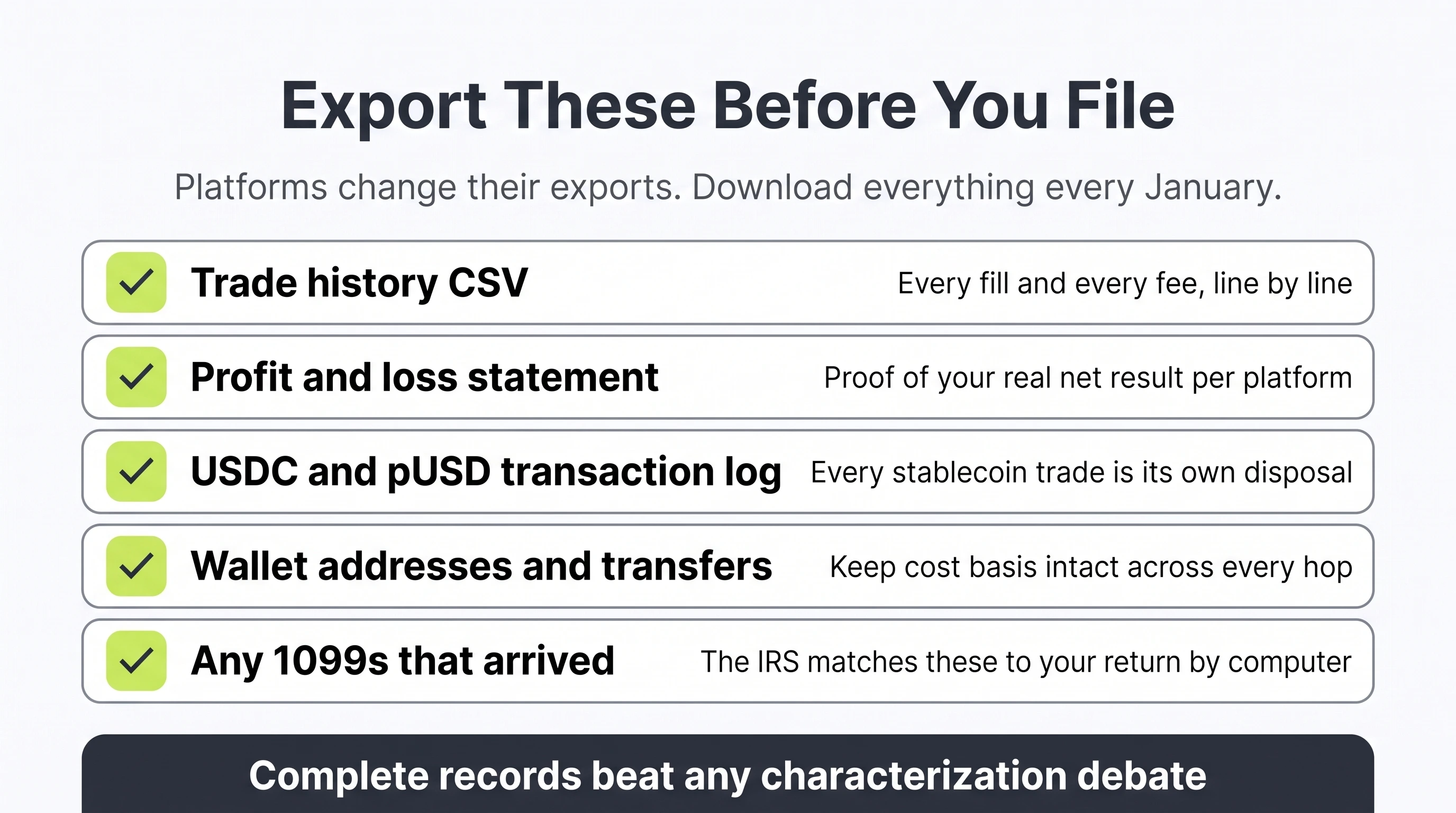 Records to export before filing: trade history, profit and loss statements, stablecoin transaction logs, wallet transfers, and any 1099s that arrived