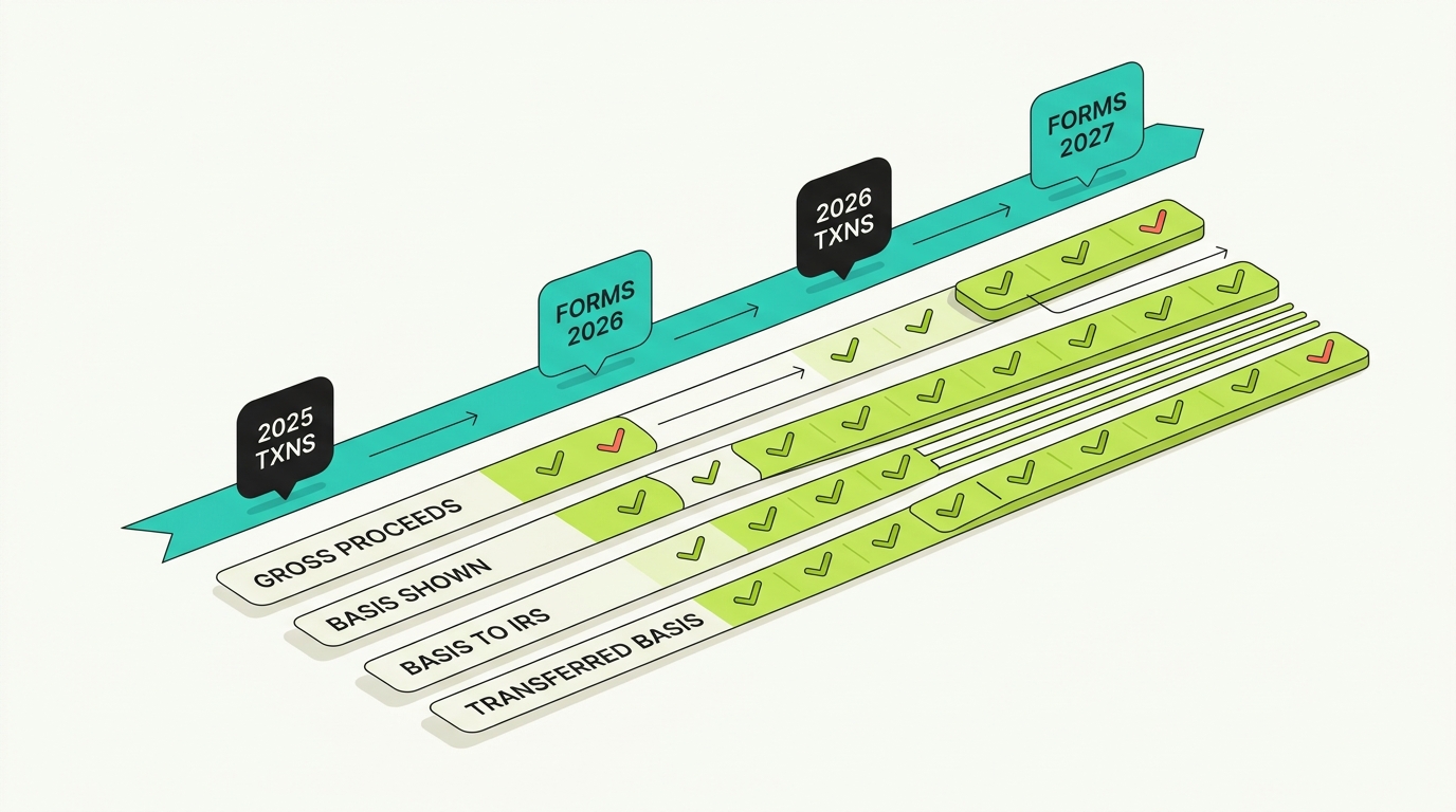Form 1099-DA reporting timeline from 2025 transactions through 2027 forms, with separate lanes for gross proceeds, customer-visible basis, IRS-reported basis, and transferred-asset information filling in progressively as reporting expands