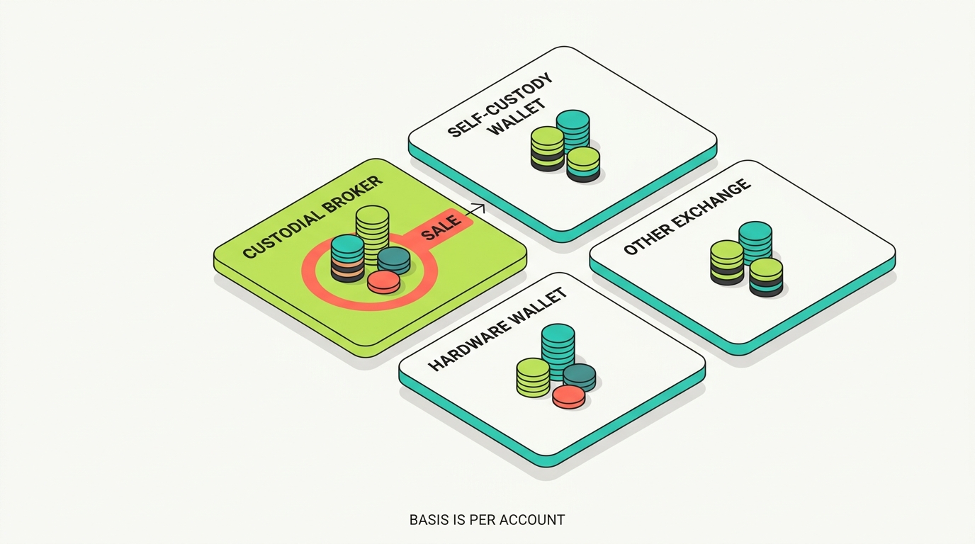 Account map showing the same investor holding Bitcoin in four separate locations (custodial Robinhood Crypto account, self-custody Robinhood Wallet, another exchange, and a hardware wallet), each with its own acquisition lots, with a sale occurring only from the custodial account and eligible lots drawn from that account