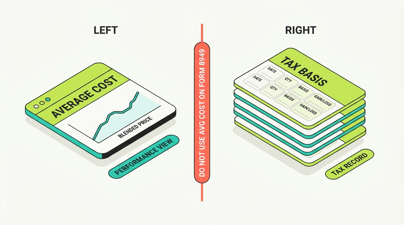 Split-screen comparison: on the left an average-cost portfolio dashboard representing unrealized performance, on the right tax-lot cards with acquisition dates, quantities, adjusted basis, proceeds, and realized gain or loss, divided by a note that average cost should not be used on Form 8949