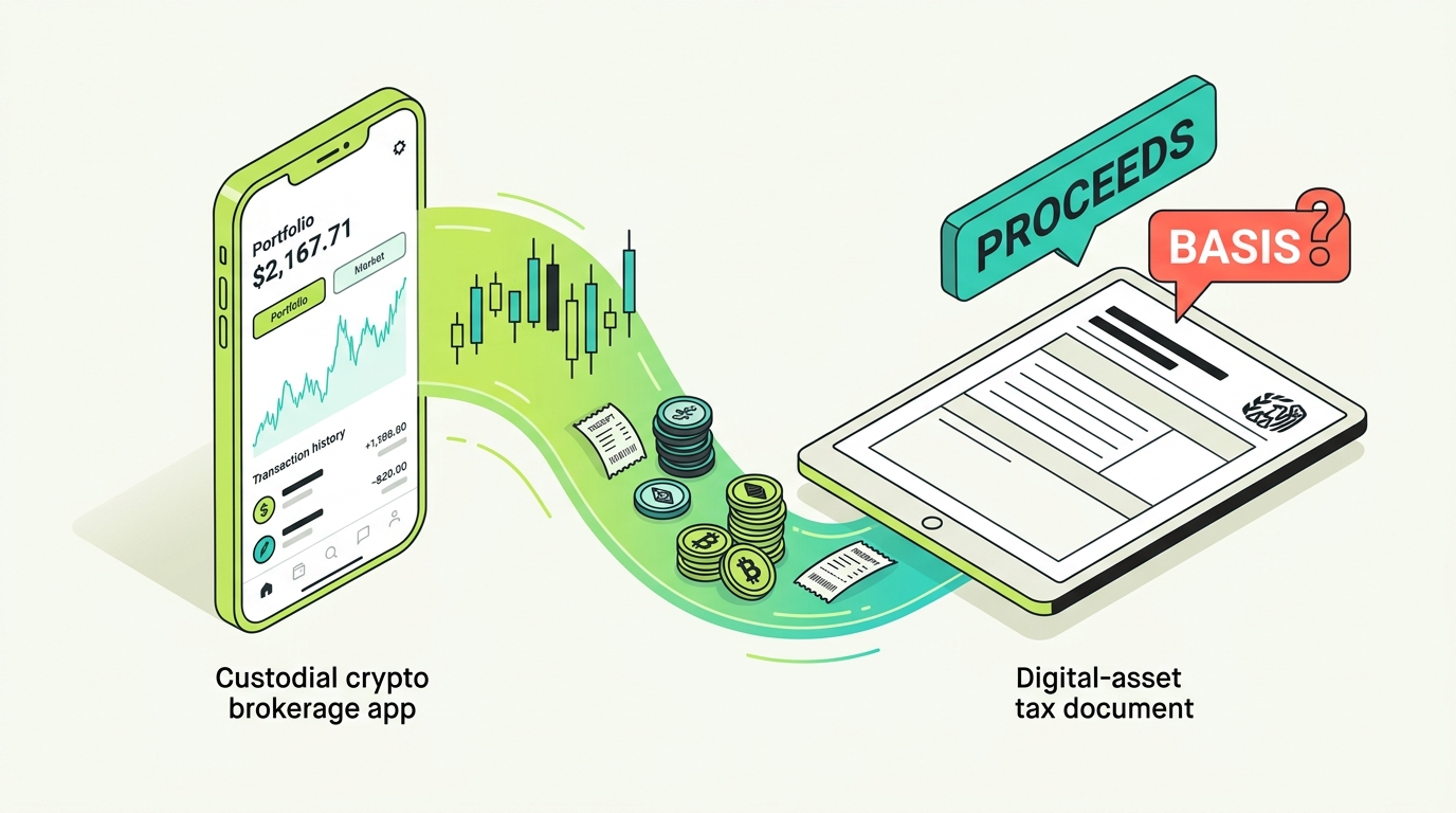 Count On Sheep | Robinhood Crypto Tax Guide 2026 hero illustration showing a brokerage reporting proceeds while the cost basis behind a sale is uncertain