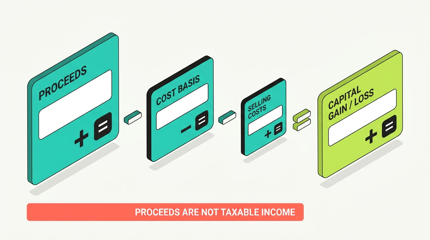 Accounting equation showing gross proceeds minus adjusted cost basis minus applicable selling costs equals capital gain or loss, with a coral note that proceeds are not taxable income by themselves