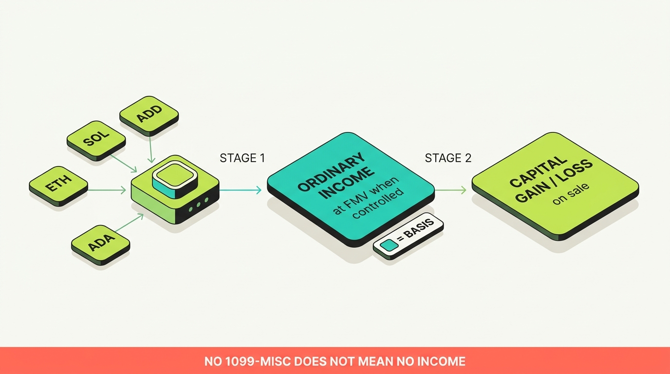 Diagram of Robinhood staking taxation: supported assets SOL, ETH, ADA produce rewards that become ordinary income at fair market value when controlled, establishing basis, with a later sale producing a separate capital gain or loss, and a note that no 1099-MISC does not mean no income