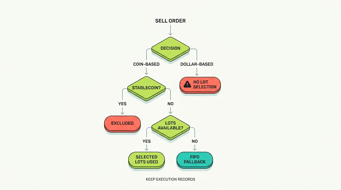 Vertical decision tree for Robinhood crypto tax-lot selection: is this a sell order, is it coin-based or dollar-based, is it a stablecoin, are the selected lots available, leading to outcomes of selected lots used, FIFO fallback, or custom selection unavailable, with a reminder to preserve execution records