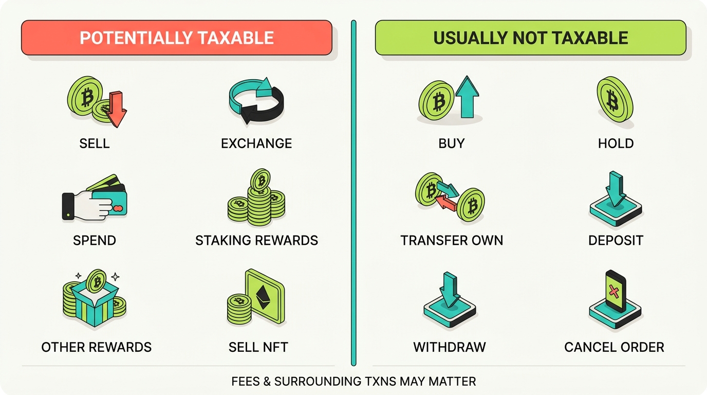 Two-column matrix of Robinhood crypto activity: potentially taxable (sell, exchange, spend, receive staking rewards, receive other rewards, sell an NFT) versus usually not taxable by itself (buy with fiat, hold, transfer between owned accounts, deposit, withdraw to your wallet, cancel an unfilled order), with a note that fees and surrounding transactions may still matter