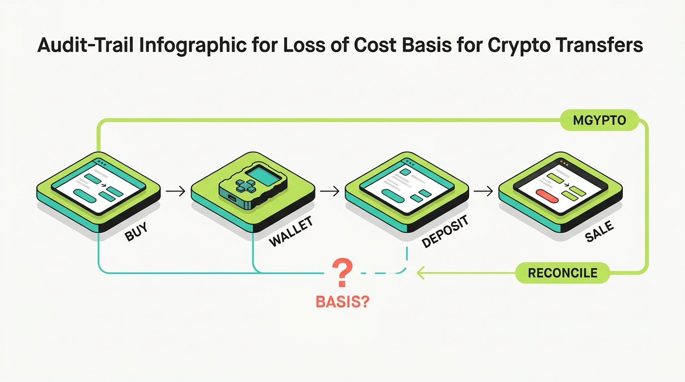 Audit-trail diagram: Bitcoin purchased on an outside exchange, moved to a self-custody wallet, deposited into a custodial broker, then sold, with the proceeds known but the original cost-basis record disconnecting before the sale until a reconciliation step reconnects it