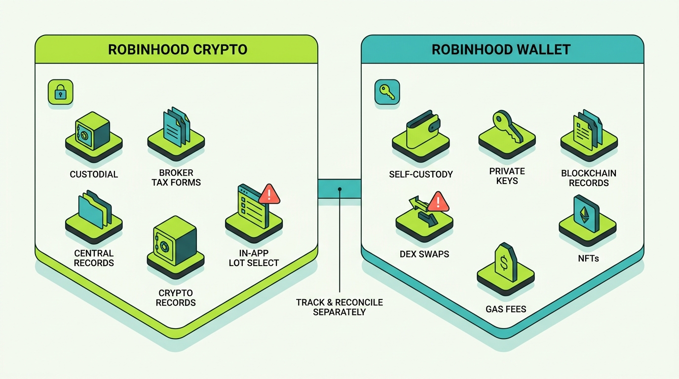 Side-by-side comparison of Robinhood Crypto (custodial, broker tax forms, centralized records, in-app tax-lot selection) and Robinhood Wallet (self-custody, private keys, blockchain records, DEX swaps, gas fees, NFTs), bridged by a note that both must be tracked and reconciled separately