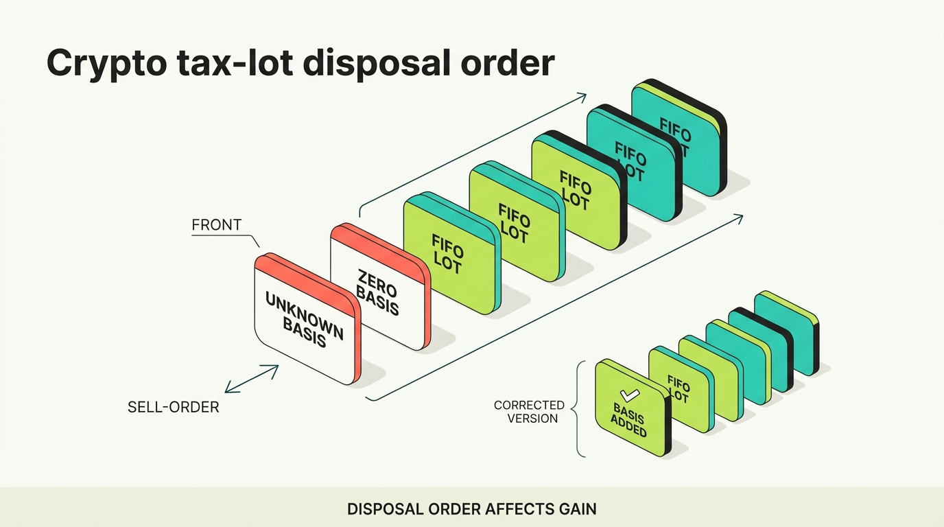 Queue diagram showing crypto tax lots waiting to be sold, with unknown- or zero-basis transferred lots placed at the front before known-basis FIFO lots, and a corrected version where the transferred lot has documented basis, noting that disposal order affects reported gain