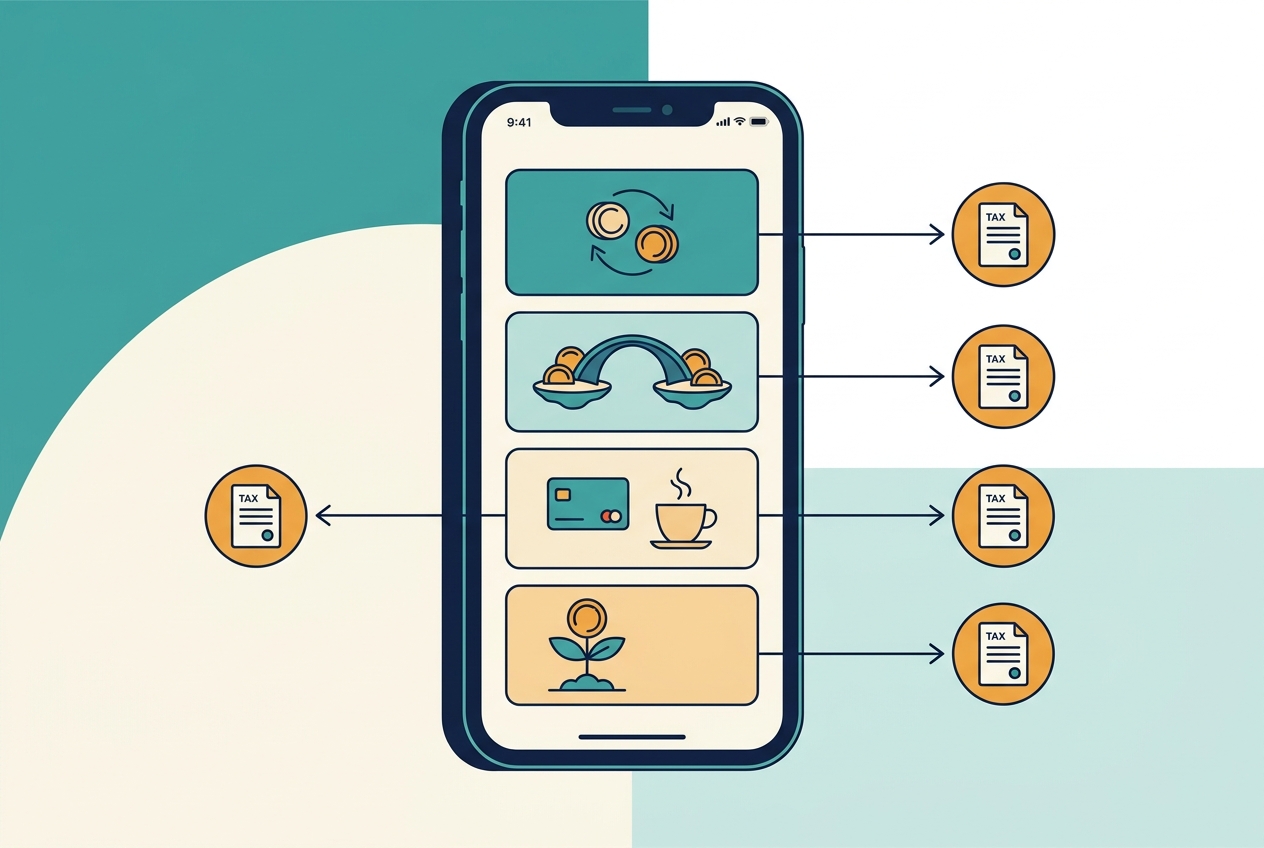 Flat illustration mapping SafePal app swap, bridge, sell, card spending, and earn actions to tax outcomes