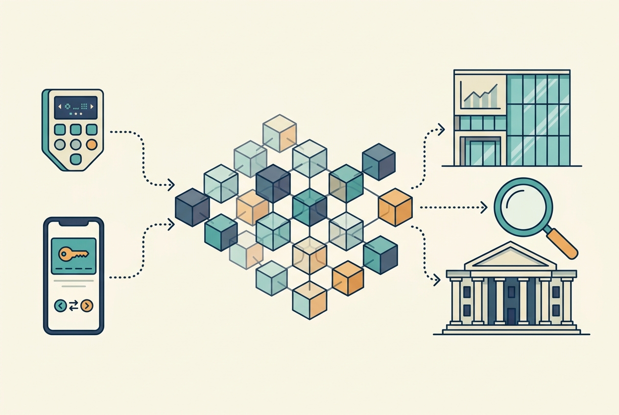 Illustration of a SafePal hardware wallet and phone app connected through a public blockchain to exchanges and tax authorities
