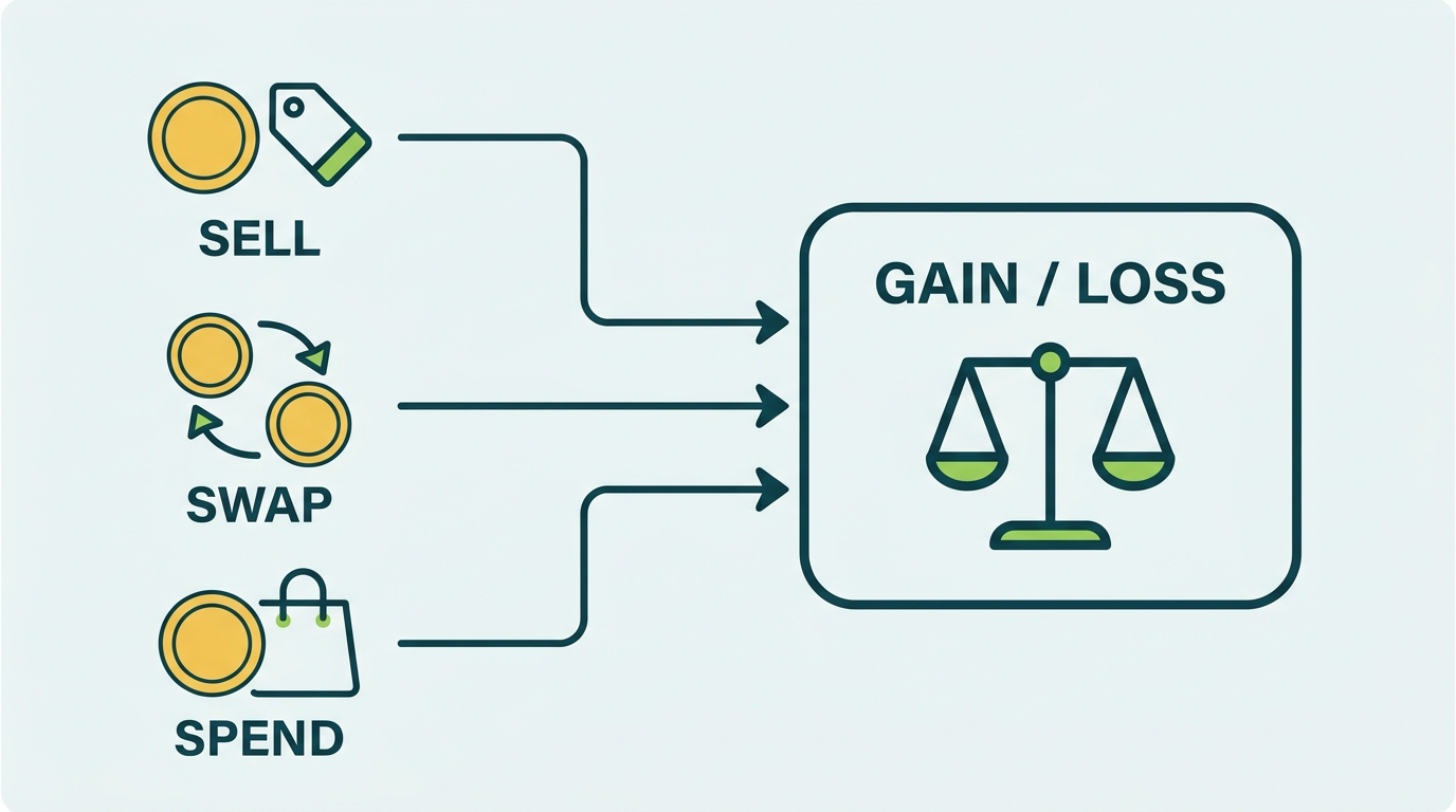Illustration of bitcoin disposal events flowing into a gain or loss calculation
