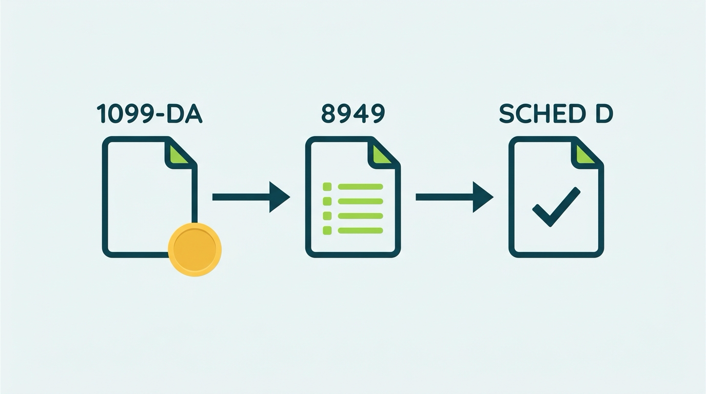 Flow of a bitcoin sale from broker reporting through Form 8949 and Schedule D